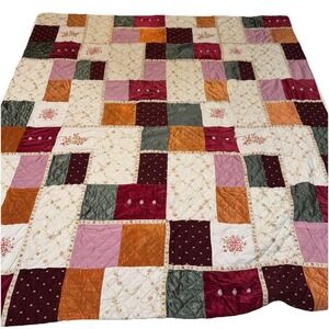 Vintage Patchwork Quilt 84"x95" Multicolor Velvet Romantic Satin Lace Backdrop